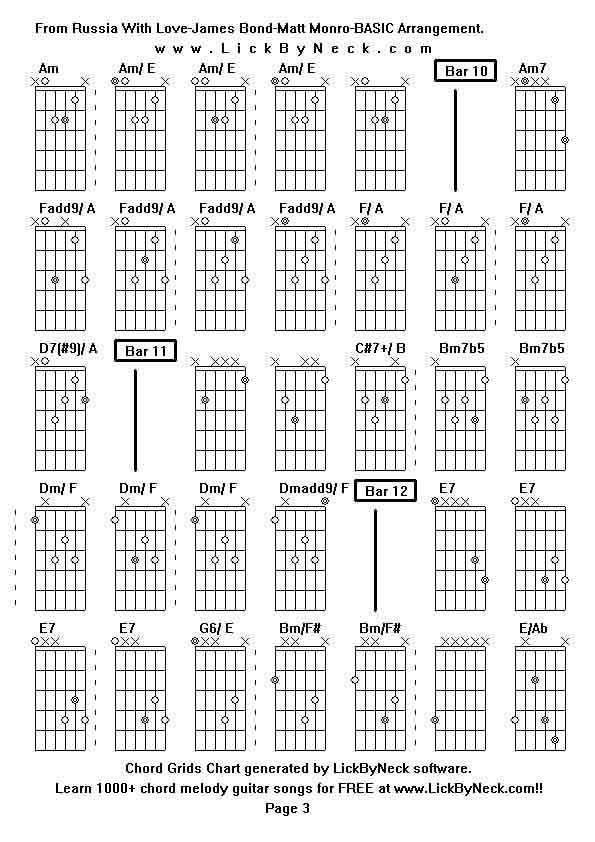 Chord Grids Chart of chord melody fingerstyle guitar song-From Russia With Love-James Bond-Matt Monro-BASIC Arrangement,generated by LickByNeck software.